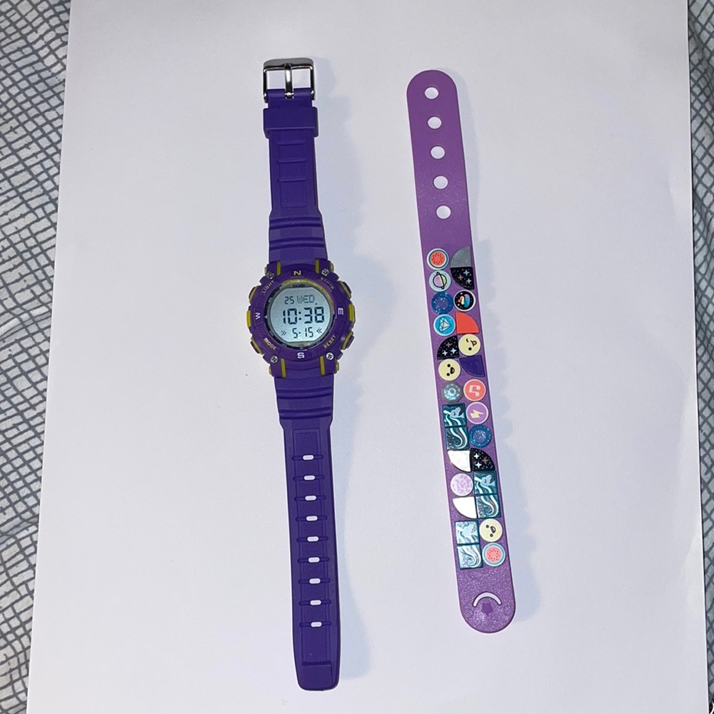 💕4 for $10- Skmei kids purple water resistant wrist watch & Lego dots bracelet